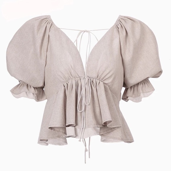 Top T-Shirt puff sleeve peplum khaki linen cotton linen - Picture 2 of 8